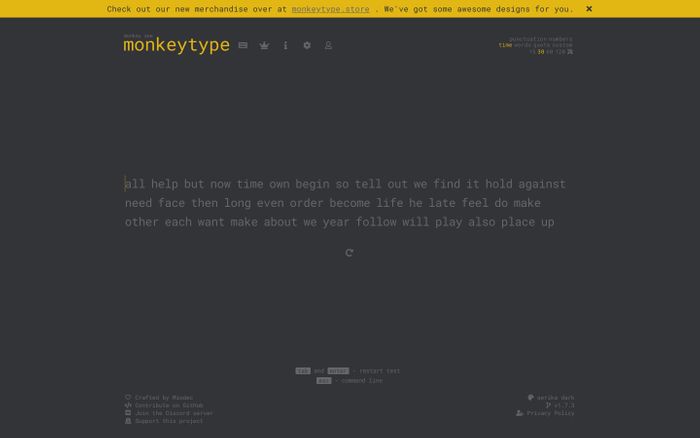 Screenshot of Monkeytype website