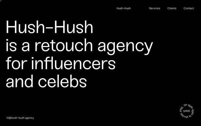 Screenshot of Hush-Hush: Confidential Retouch Agency for Influencers and Celebrities. website
