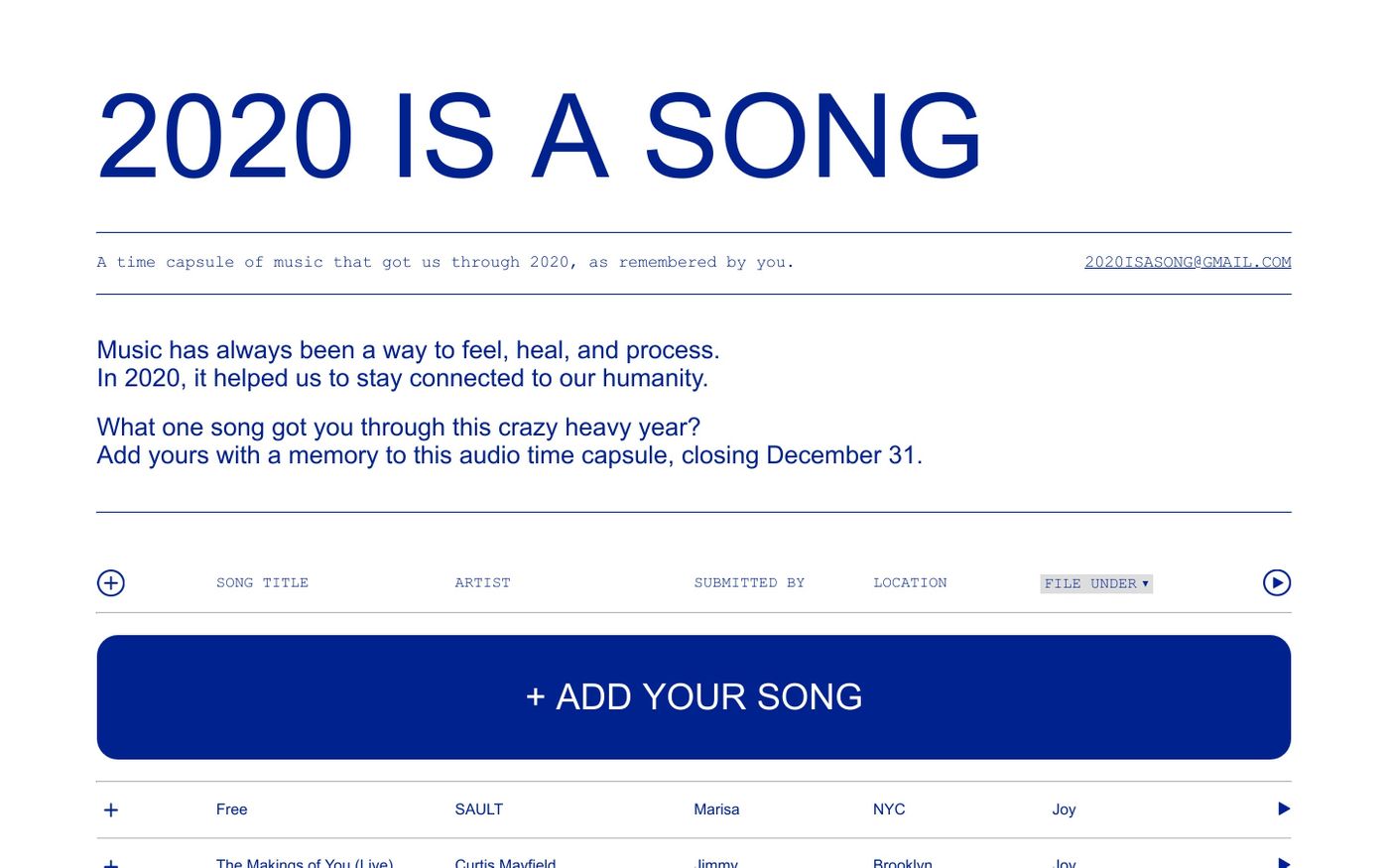 Screenshot of 2020 is a song website