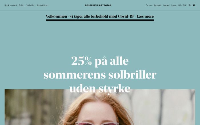 Screenshot of Democratic Eyewear - Kvalitetsbriller i øjenhøjde med din pengepung website