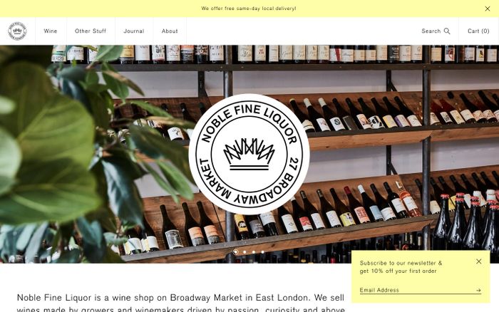 Screenshot of Noble Fine Liquor website