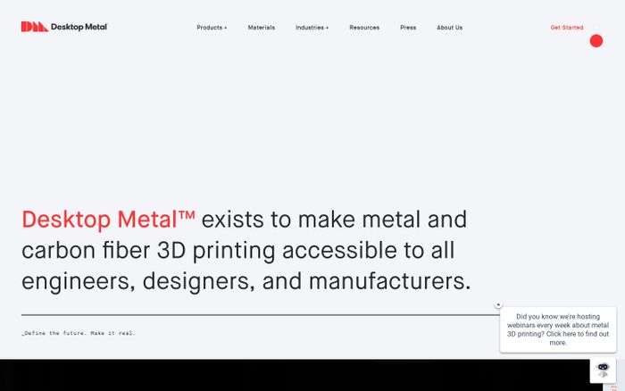 Screenshot of Desktop Metal website