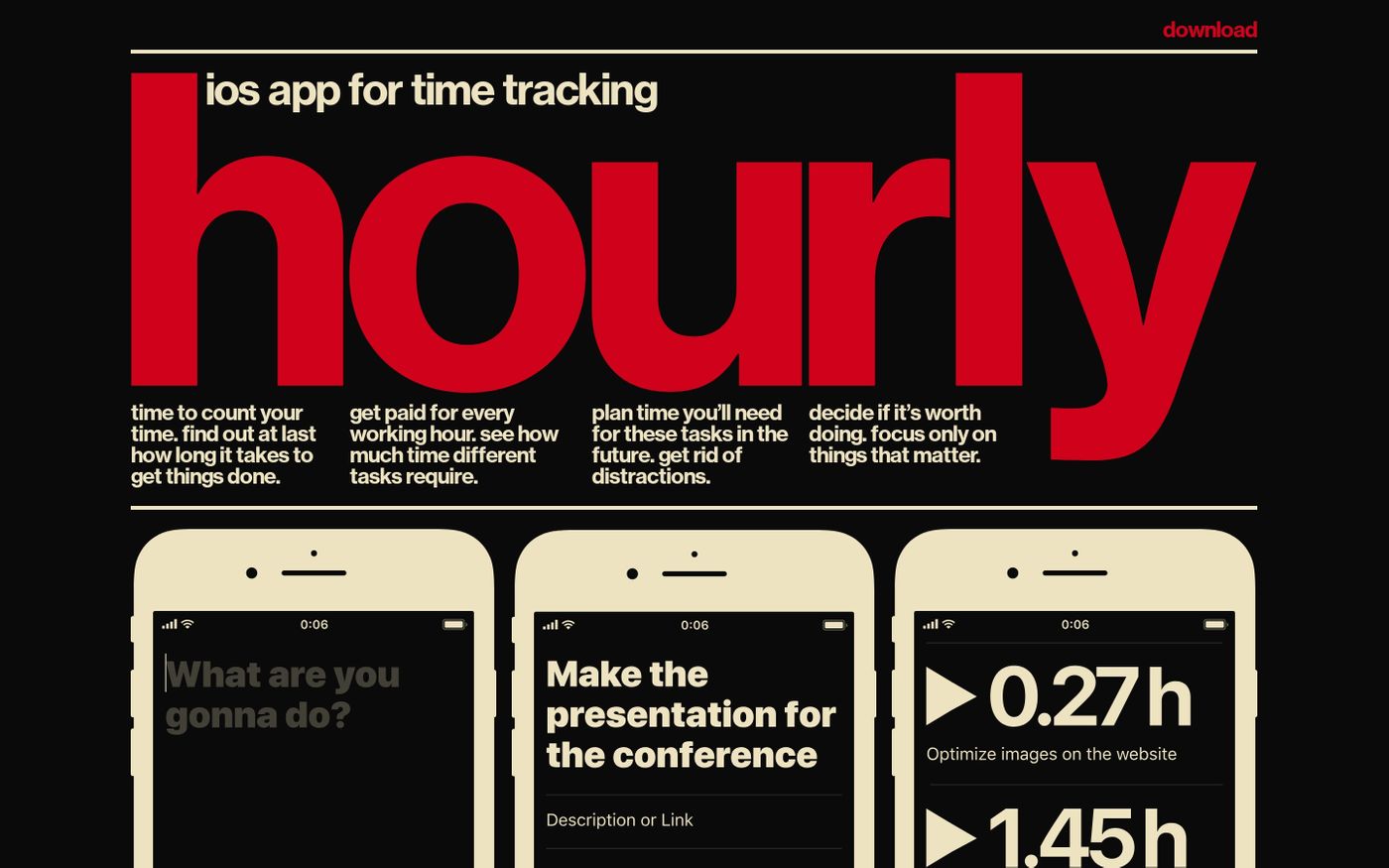 Screenshot of hourly, ios app for time tracking website