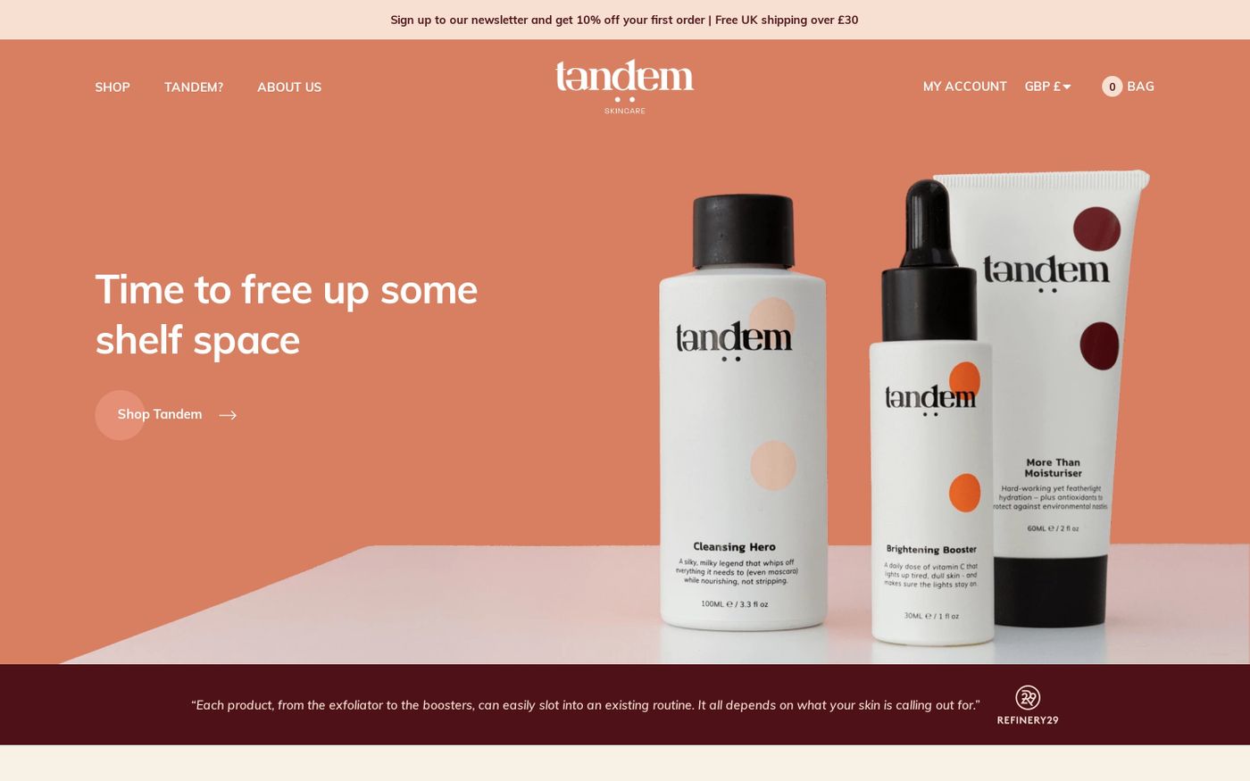 Screenshot of Tandem Skincare website