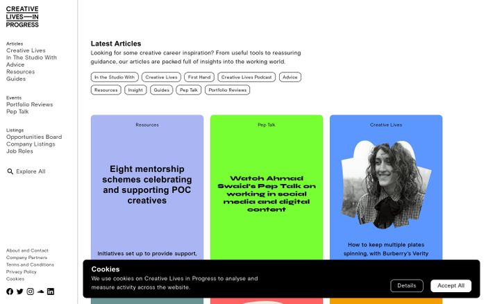 Screenshot of Creative lives in progress website