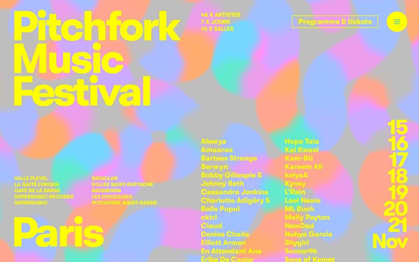 Screenshot of Pitchfork Music Festival Paris website